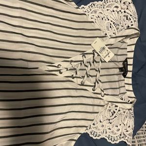 Grey and White striped Express shirt , embroidered flutter sleeves